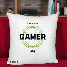 Perna Personalizata Forever Gamer, 40x40 cm, Alb Pufos, Husa Detasabila, Perna Inclusa, BEKZ®
