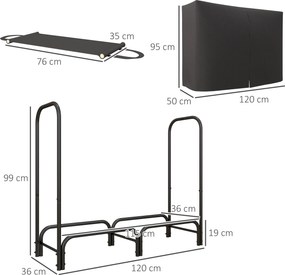Outsunny Suport pentru Lemne din Metal cu Rastel Reglabil, Geantă de Pânză și Husă Impermeabilă, 120x36x99 cm, Negru | Aosom Romania