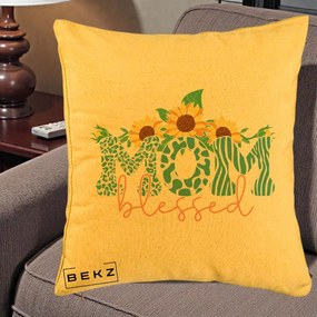 Cadou pentru Mama - Perna Personalizata Mom Blessed cu Floarea Soarelui Animal Print Teal, 40x40 cm, Galben, Husa Detasabila, Perna Inclusa, BEKZ®