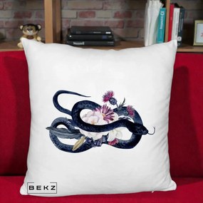 Perna Decorativa Sarpe Negru cu Flori Gothic, 40x40 cm, Alb Pufos, Husa Detasabila, Perna Inclusa, BEKZ®
