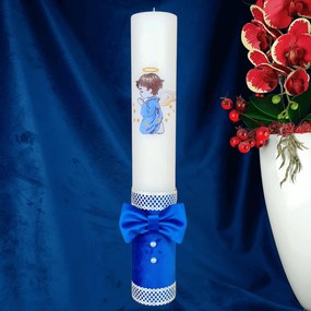 Lumanare botez decorata Ingeras albastru 7 cm, 30 cm