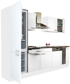 Mobilă de bucătărie Yorki 280, corp alb, față alb satinat, frigider cu congelator jos