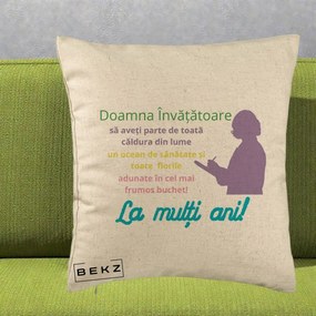 Cadou pentru Invatatoare - Perna Personalizata Doamna Invatatore La Multi Ani cu Silueta si Text Colorat, 40x40 cm, Bej, Husa Detasabila, Perna Inclusa, BEKZ®