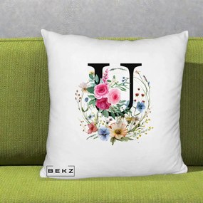 Cadou Personalizat - Perna Personalizata Monogram Litera U cu Flori Acuarela, 40x40 cm, Alb Pufos, Husa Detasabila, Perna Inclusa, BEKZ®