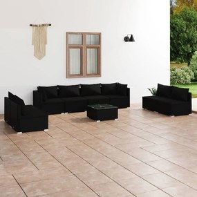Set mobilier de gradina cu perne, 9 piese, negru, poliratan Negru, 2x colt + 6x mijloc + masa, 1