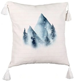 Perna Decorativa cu Franjuri Peisaj de Iarna, 45x45 cm, Ecru, Cu fermoar