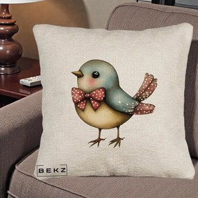 Perna Decorativa Pasare Bleu cu Fundita Rosie, 40x40 cm, Bej Canapea, Husa Detasabila, Perna Inclusa, BEKZ®