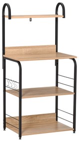 HOMCOM Etajere de bucatarie - etajera cuptor cu microunde - mobilier cuptor cu microunde - 3 rafturi, raft, carlige - panouri de particule aspect stejar deschis cadru metal negru | Aosom Romania