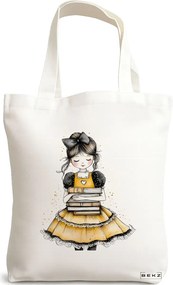 Sacosa de Panza pentru Cumparaturi, Geanta Tote, model The bookie girl 8 38 x 34.5 cm, Alba, BEKZ®