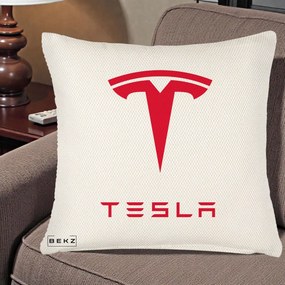 Perna Personalizata cu emblema Tesla, 40x40 cm, Crem Reliefat, Husa Detasabila, Perna Inclusa, BEKZ®