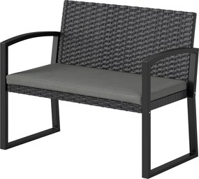 Outsunny Banc de grădină 2 locuri, banc de exterior din resină împletită PE cu pernă, oțel galvanizat, 103x58x78cm, gri și negru | Aosom Romania