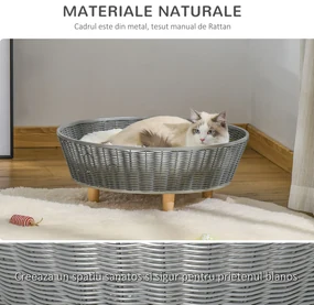 PawHut Culcuș de Interior din Rachită Sintetică Gri pentru Pisici și Câini până la 10kg, Confort și Stil, 60x60x23.5cm | Aosom Romania