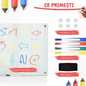 Vinsetto Tablă de Sticlă Albă cu 4 Markere și Burete de Șters 90x60x0.4 cm | Aosom Romania