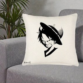 Perna Personalizata One Piece Luffy Silueta Alb-Negru, 40x40 cm, Crem Reliefat, Husa Detasabila, Perna Inclusa, BEKZ®