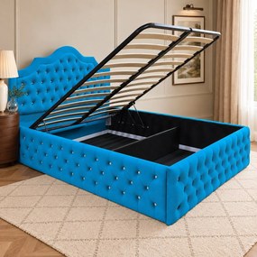 Pat tapițat Chesterfield din catifea Imperio Deluxe 140×200 cm, albastru deschis, cu ladă de depozitare