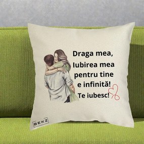 Cadou pentru Iubita - Perna Personalizata Draga Mea Iubirea Mea Infinita Te Iubesc cu Cuplu Acuarela, 40x40 cm, Ecru, Husa Detasabila, Perna Inclusa, BEKZ®