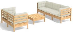 Set mobilier gradina cu perne crem, 6 piese, lemn masiv de pin maro si crem, 1