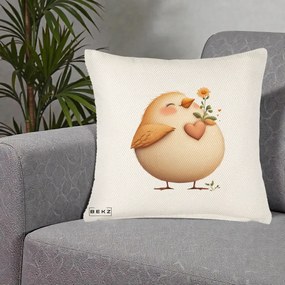 Perna Decorativa Pui cu Inima si Floarea-Soarelui, 40x40 cm, Crem Reliefat, Husa Detasabila, Perna Inclusa, BEKZ®