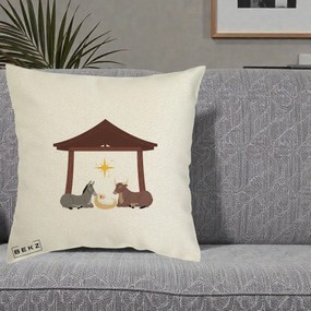 Perna Decorativa Ieslea din Betleem cu Iesle Asin si Bou, 40x40 cm, Ecru, Husa Detasabila, Perna Inclusa, BEKZ®