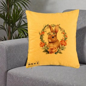 Perna Decorativa Iepuras Floral Coronita Acuarela, 40x40 cm, Galben, Husa Detasabila, Perna Inclusa, BEKZ®