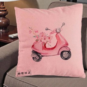 Perna Decorativa Scuter Roz cu Flori Acuarela, 40x40 cm, Roz, Husa Detasabila, Perna Inclusa, BEKZ®