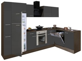 Mobilă de bucătărie de colț Yorki 310, corp din stejar Yorki, față antracit satinat cu element cuptor inferior și frigider congelator superior