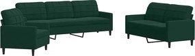 vidaXL Set de canapele cu perne, 3 piese, verde închis, catifea