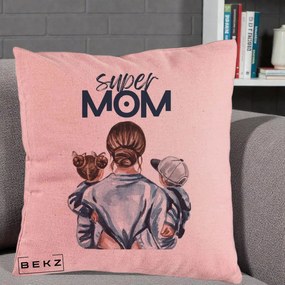 Cadou pentru Mama - Perna Personalizata Super Mom, 40x40 cm, Roz, Husa Detasabila, Perna Inclusa, BEKZ®
