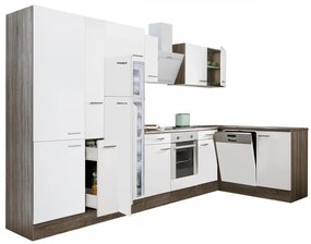 Mobilă de bucătărie de colț Yorki 370, corp din stejar Yorki, front alb satinat cu element cuptor inferior, dulap cu rafturi, frigider congelator superior.