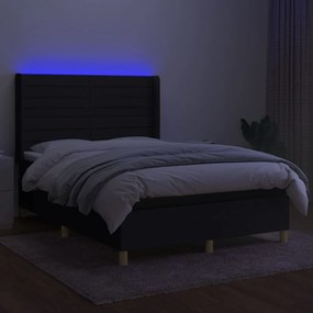 Pat cu arcuri, saltea si LED, negru, 140x190 cm, textil Negru, 140 x 190 cm, Benzi orizontale