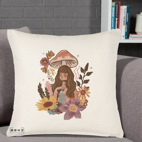 Perna Decorativa Fata Ciuperca Boho Florala, 40x40 cm, Crem Reliefat, Husa Detasabila, Perna Inclusa, BEKZ®