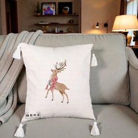 Perna Decorativa Renita cu Fular si Luminite, 40x40 cm, Bej cu Franjuri, Husa Detasabila, Perna Inclusa, BEKZ®