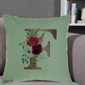 Cadou Personalizat - Perna Personalizata Monograma Rose Gold Litera F, 40x40 cm, Verde, Husa Detasabila, Perna Inclusa, BEKZ®