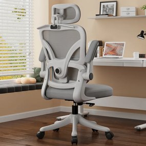 ErgoVision Sponge – Scaun Ergonomic, Suport Lombar Reglabil, Tetieră Reglabilă, Cotiere Rabatabile, Recliner 135°, Umeras, Mesh, Alb/Gri