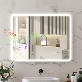 HOMCOM Oglindă de baie LED bluetooth 70 x 90 cm interruptor tactil lumină reglabilă 3 culori anti-abur memorie argintiu | Aosom Romania