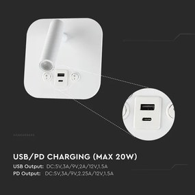 Aplică LED de perete cu port USB, 8W, 230V, 3000K, alb