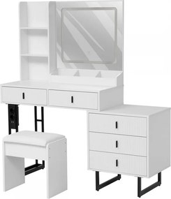 Set SELENE – Masă de Toaletă pentru Machiaj, Extensibilă 90–130 cm, Oglinda Iluminata LED, 5 sertare, Rafturi, priză integrată cu USB, Scaun, Alb/Negru