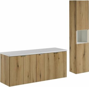 Set mobilier baie 140 cm 6 piese Comad Nova alb mat si stejar Coast Evoke