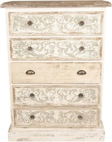 Comodă înaltă vintage, shabby chic, din lemn, alb, cu 5 sertare, blat natur și decor în relief, 120 x 85 x 36 cm, „Benevola”