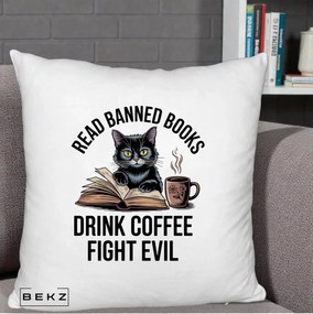 Perna Personalizata Read Banned Books Pisica, 40x40 cm, Alb Pufos, Husa Detasabila, Perna Inclusa, BEKZ®