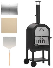 Outsunny Cuptor Portabil cu Cărbune pentru Pizza și Barbecue, Cuptor cu Lemne, Coș de Fum și Raft Inferior, 63x54x161 cm, Negru | Aosom Romania