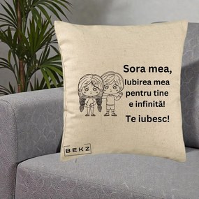 Cadou pentru Sora - Perna Personalizata Sora Mea Te Iubesc Copii Anime Line Art, 40x40 cm, Bej, Husa Detasabila, Perna Inclusa, BEKZ®