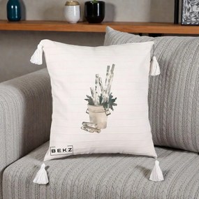 Perna Decorativa Butuci de Mesteacan Watercolor, 40x40 cm, Bej cu Franjuri, Husa Detasabila, Perna Inclusa, BEKZ®