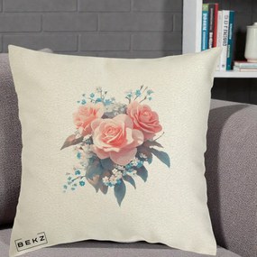 Perna Decorativa Trandafiri Roz cu Floricele Albastre, 40x40 cm, Ecru, Husa Detasabila, Perna Inclusa, BEKZ®