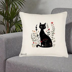 Perna Decorativa Pisica Neagra Botanica Rosu-Gri, 40x40 cm, Crem Reliefat, Husa Detasabila, Perna Inclusa, BEKZ®