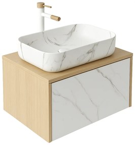 Set dulap baie suspendat placat cu ceramica CALACATTA 80 cm cu lavoar inclus Dione Foglia