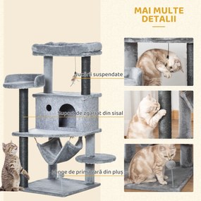 PawHut Arbore Răzuitoare pentru Pisici 48x48x107 cm Turn pentru Pisici cu Cavernă de Fetru Demontabilă Hamacă Paturi Platforme Gri | Aosom Romania