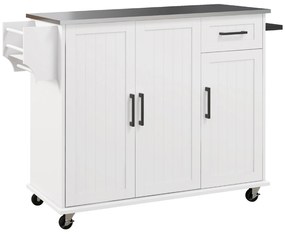 HOMCOM Insulă de Bucătărie Rulantă cu Depozitare, Sertar, 3 Dulapuri, Blat din Oțel Inoxidabil, Design Versatil, Alb | Aosom Romania