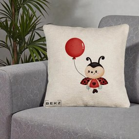 Perna Decorativa Buburuza cu Balon Rosu, 40x40 cm, Bej Canapea, Husa Detasabila, Perna Inclusa, BEKZ®