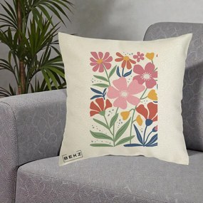 Perna Decorativa Flori Grafice Roz si Terracotta, 40x40 cm, Ecru, Husa Detasabila, Perna Inclusa, BEKZ®